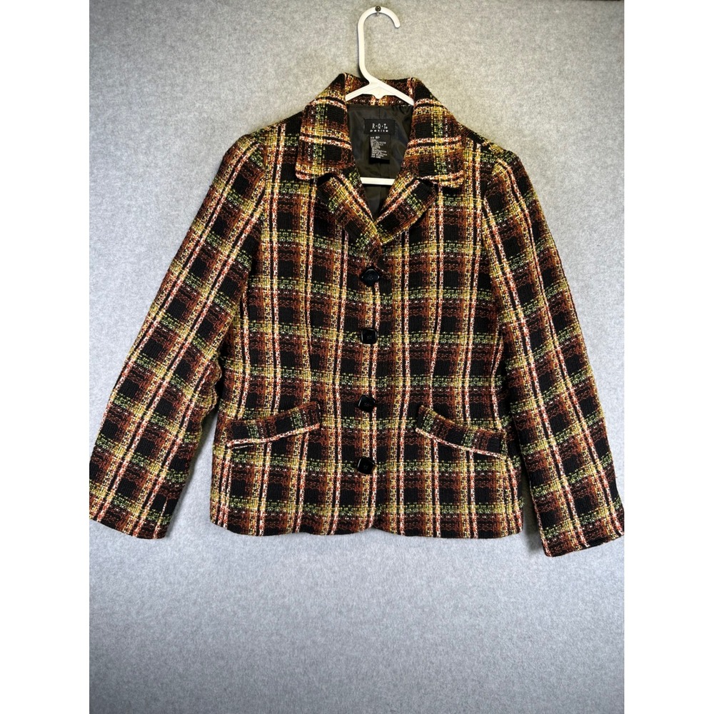 R.Q.T. Petite Womens Plaid Wool Blend Blazer Orange Green Black Size 8P